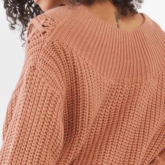 NEW Salmon Camel Laced Up Braid Cable Off Shoulder V Neck Longline Tunic Sweater - Picture 7 of 10